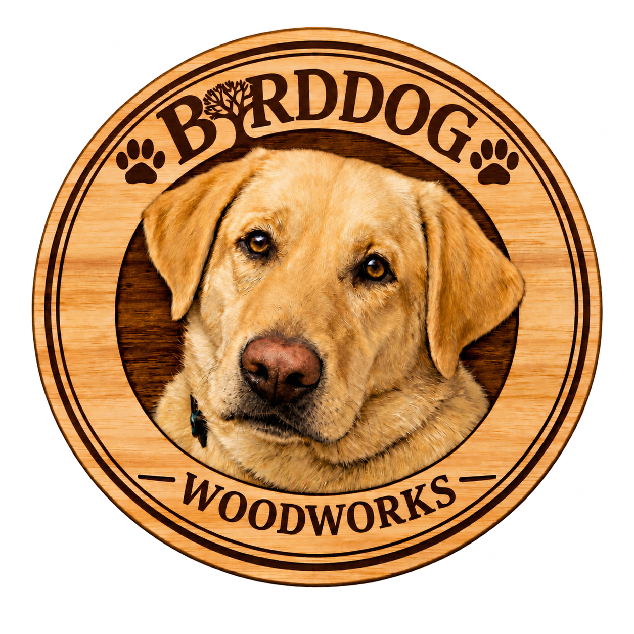BIRDDOG WOODWORKS, NH wooden badge with a golden Labrador portrait