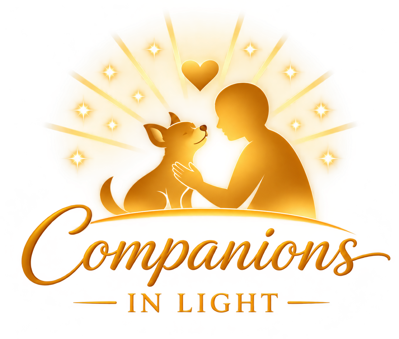 Companions In Light — golden person and dog with a heart and rays of light