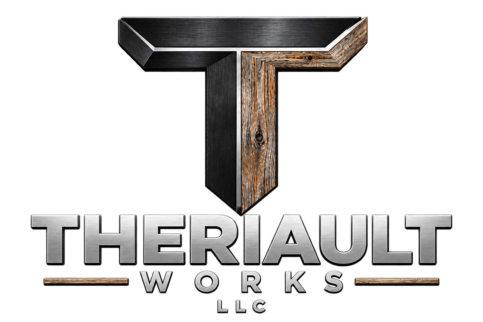 Theriault Works LLC logo in wood and brushed metal